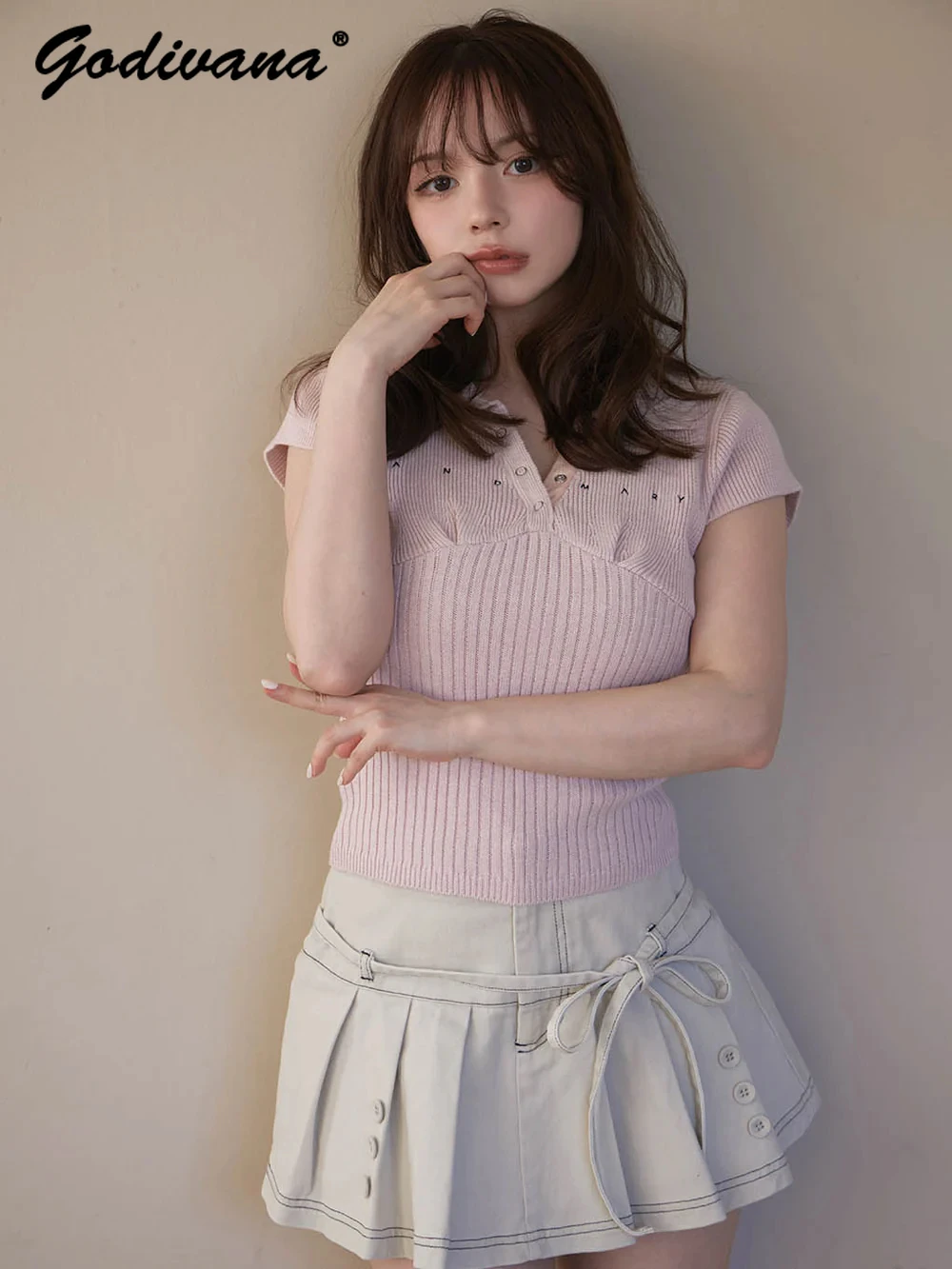

Japanese New Female Polo Collar Letter Printed Short Sleeve Slim Pullover Knitted Sweater Women's Short Top Summer Sweaters