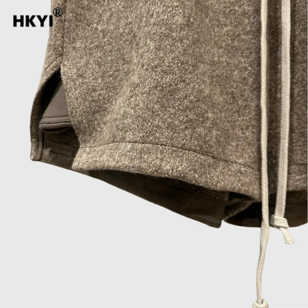 HKYI レディース ウール ショートパンツ、伸縮性ウエストバンドと巾着デザイン、カジュアルで多用途、カジュアルなショートパンツの感覚