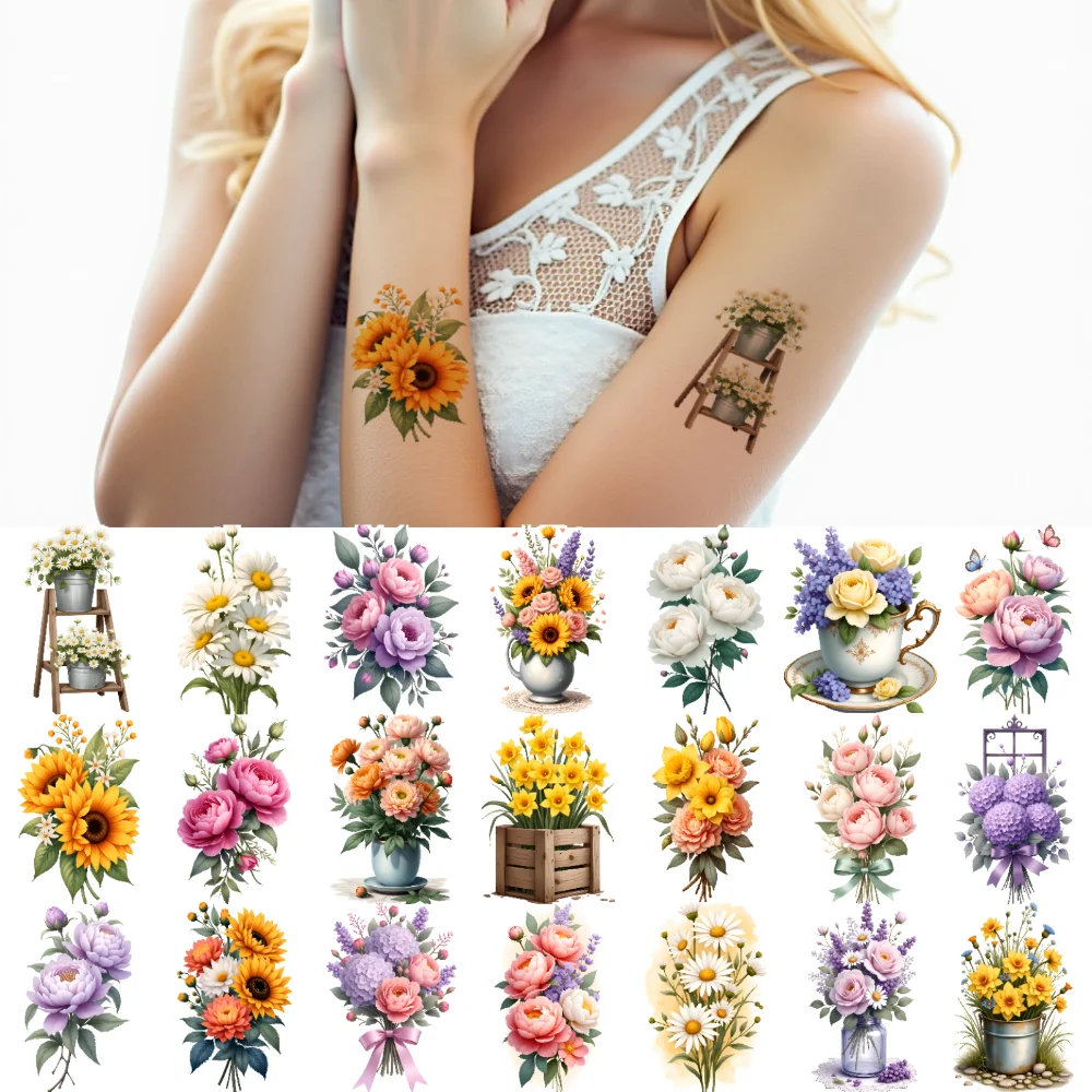 

9pcs Temporary Tattoo Floral Arrangements Temporary Tattoo Stickers Flower Illustrations Illustration For Adults Men