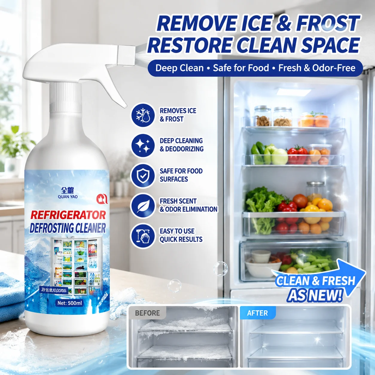 500ML Refrigerator Defrosting Spray, Fast Ice & Frost Remover for Freezer, Deep Cleaning Deicing Cleaner, Non-Corrosive Solution
