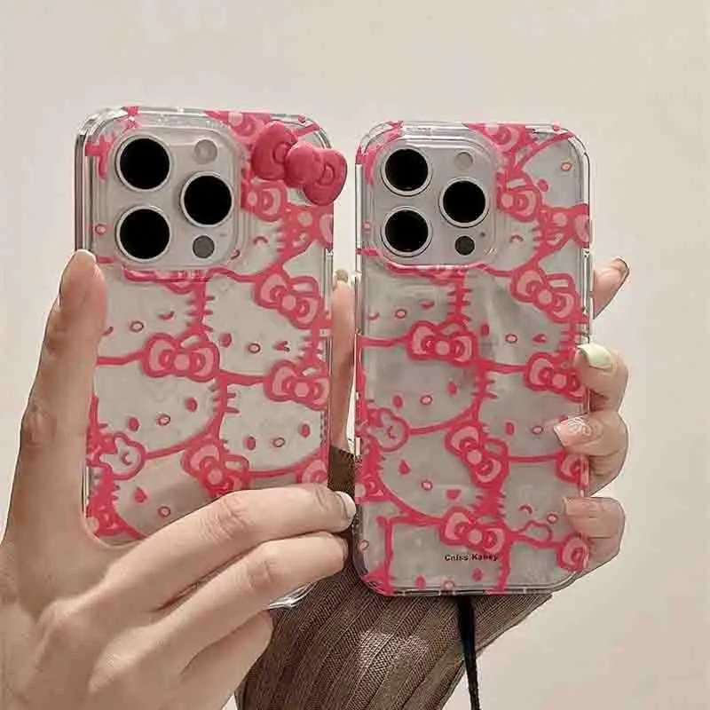 Sanrio Hello Kitty Bow Full Screen KT Phone Case For iPhone 15 14 13 12 11Pro Max 78Plus XR XS MAX Y2K Girl Lovely Back Cover