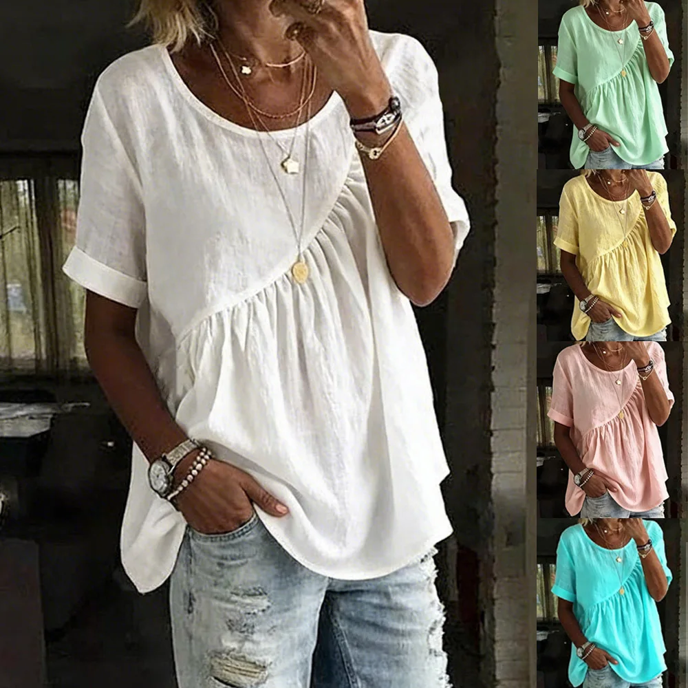 2026 European and American Cross-border Foreign Trade New Women's Clothing Spring and Summer Solid Color Round-neck Short-sleeve