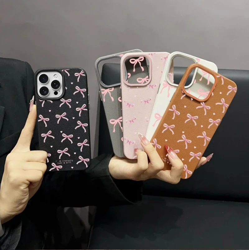 Pink Bowknot Case For POCO F7 Ultra F5 F6 M7 M6 X5 X6 X7 PRO X3 X4 GT Xiaomi 13T 14T 15T Pro 15 PU Leather Matte Cover