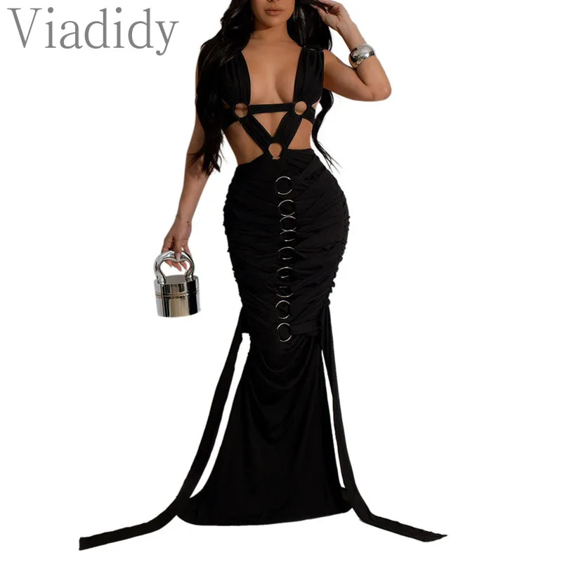 Women Sexy Solid Color Hollow Out Bandage Lace-up Mermaid Party Dress