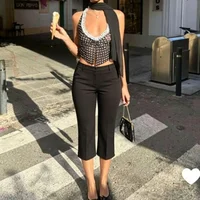 Women Side Slit Capri Pants Stretchy Slim Fit Capris Yoga Leggings Y2k Knee Length Going Out Cropped Pants - Image 3