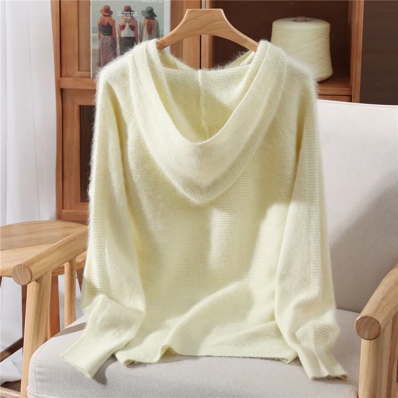

Fall/Winter New V-neck Knitted Hood Female Mink Wool Knitted Sweater Lady Loose Warm Wool Thickened Base