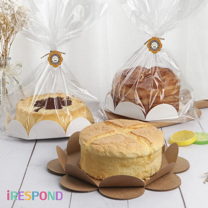 6/8inch 10PCS Chiffon Cake Bread Packing Bags With Paper Tray Toast Dessert Mozzarella Baking Bakery Food Transparent Packaging