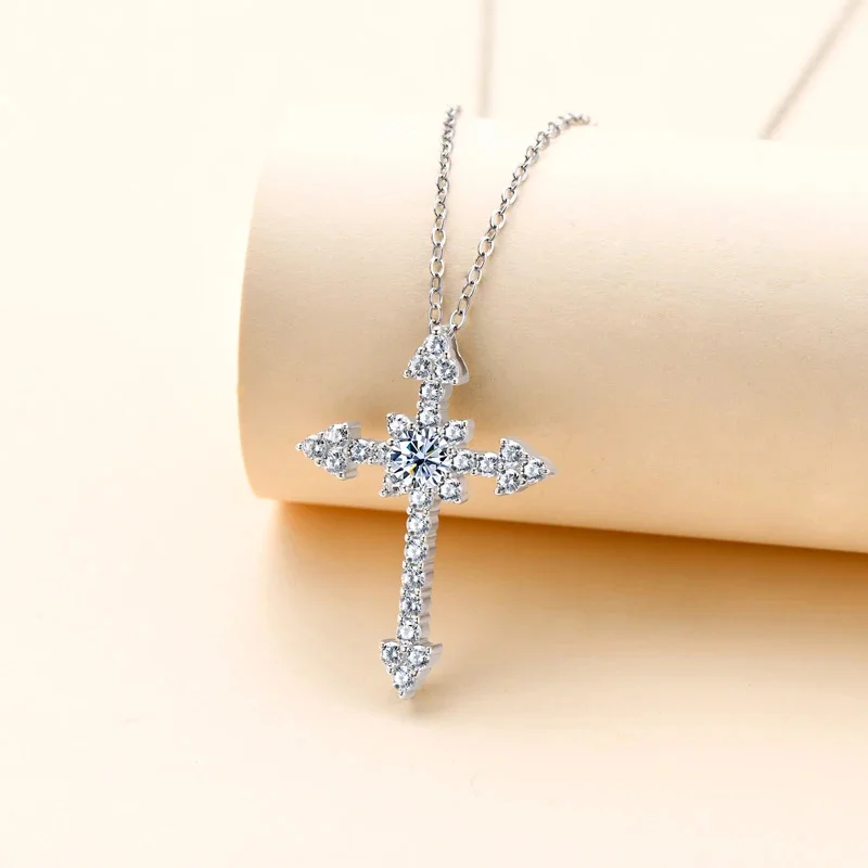 Collar con Colgante de Cruz de Diamante Moissanita Real de 1ct, Color D, Plata de Ley S925, Joyería Fina, Collar de Plata para Mujer, PE021