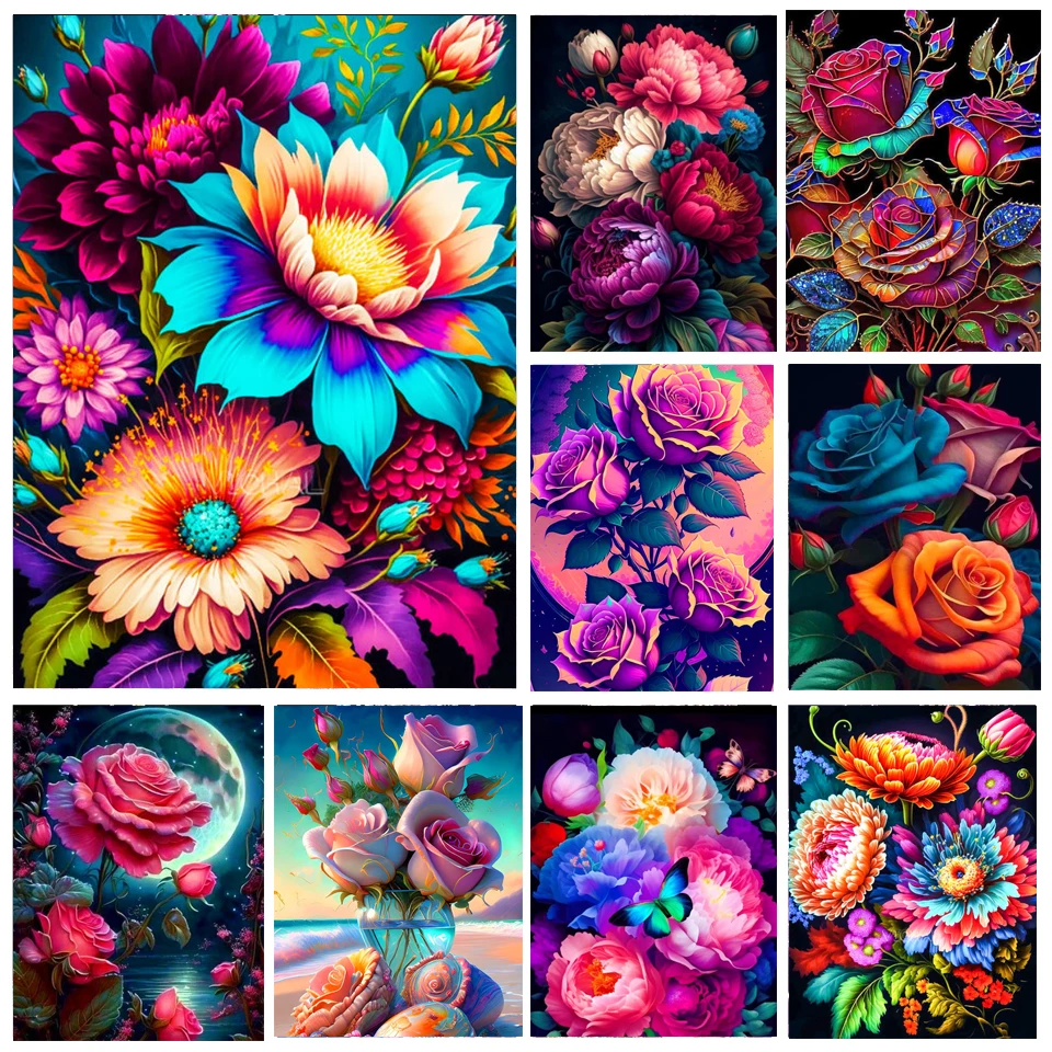 DIY Diamond Embroidery Colorful Fresh Flowers Full Round Drills Diamond Painting 5D Diamond Mosaic Picture Home Decoration W49