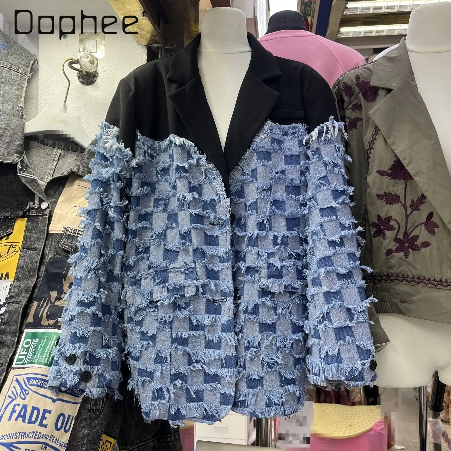 

Джинсовый лоскутный пиджак для женщин, осень 2023, новый клетчатый пиджак с кисточками, синяя куртка с длинными рукавами в японском и корейском стиле
