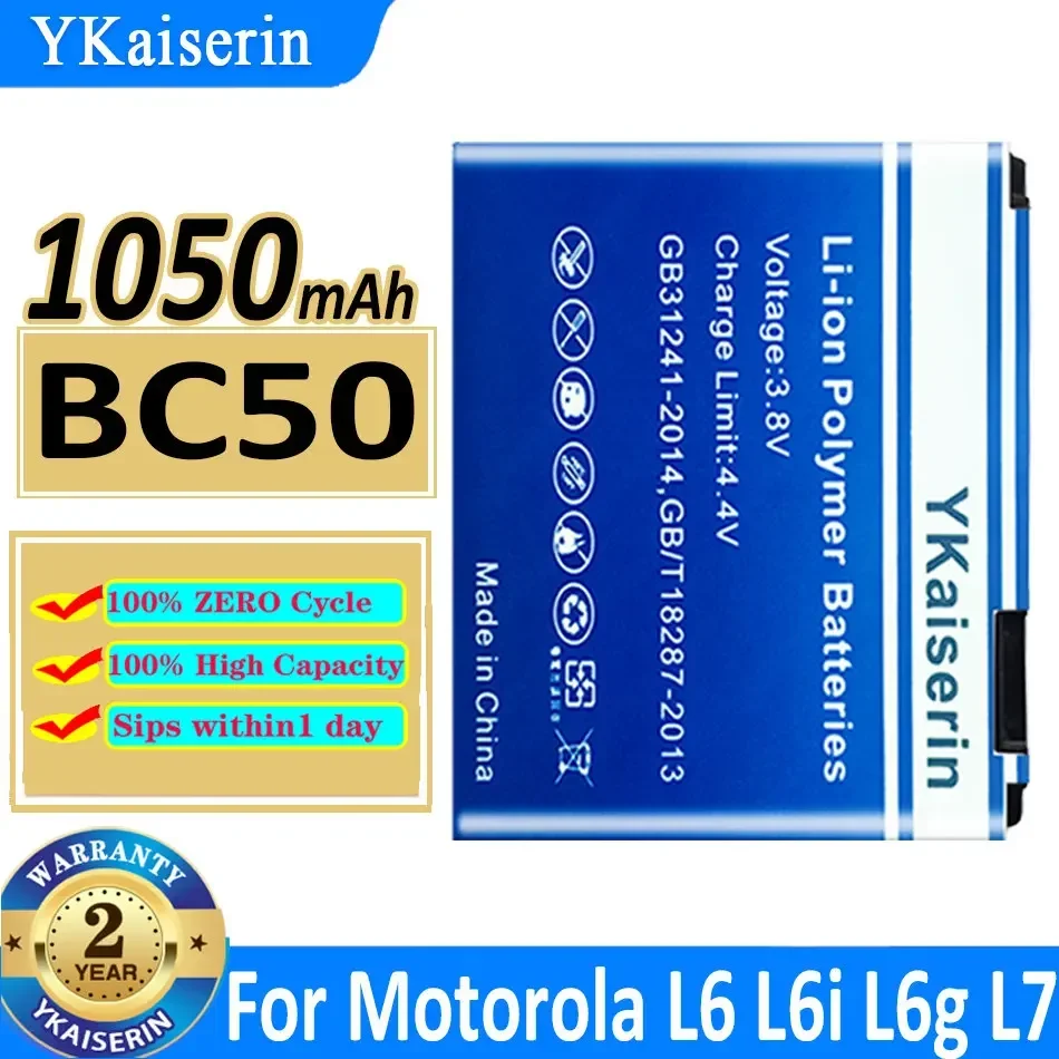 Аккумулятор ykaisсеребрин 1050 мАч BC50 для Motorola Moto RIZR L6 L6i L6g L7 L7C K1 K2 R1 Z1 Z3 ROKR Z6m SLVR E8 L2 мобильный телефон