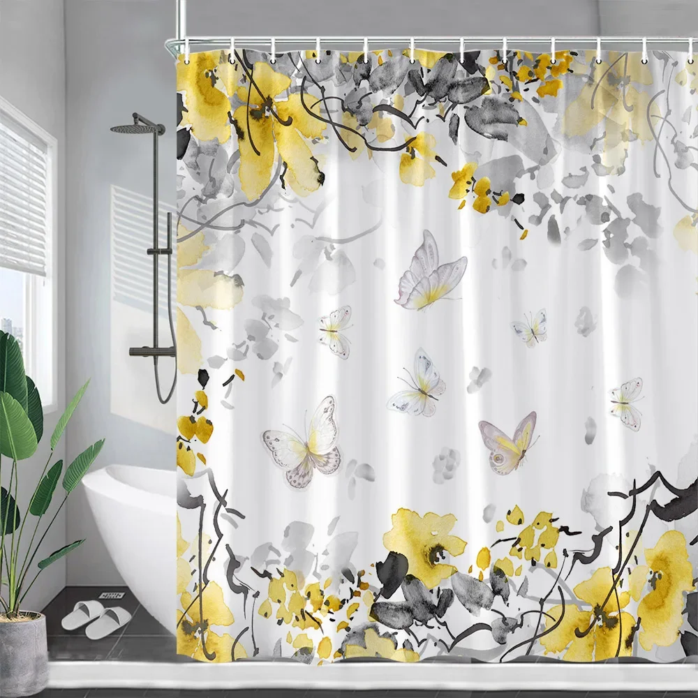 Yellow Floral Shower Curtains Watercolour Flowers Plants Butterfly Creative Ink Art Bath Curtain Fabric Bathroom Decoration Sets