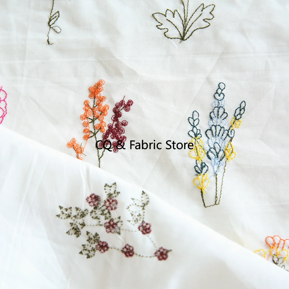 Summer White Pure Cotton Poplin Embroidered Fabric For Clothing Dresses Handmade DIY Fabric Korean Japan Style By The Meter