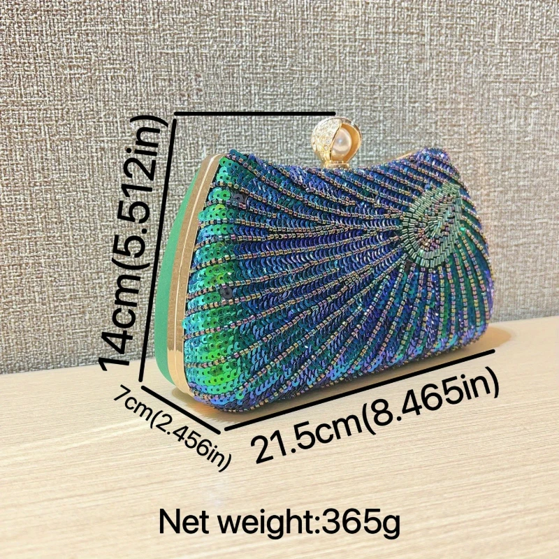 Glam Peacock‑Feather Pattern Evening Crossbody Bag, Handmade Pearl & Sequin Bead Embellished Women Handbag, Perfect for Banquets, Parties, Holiday Gifts and Formal Outfit Matching