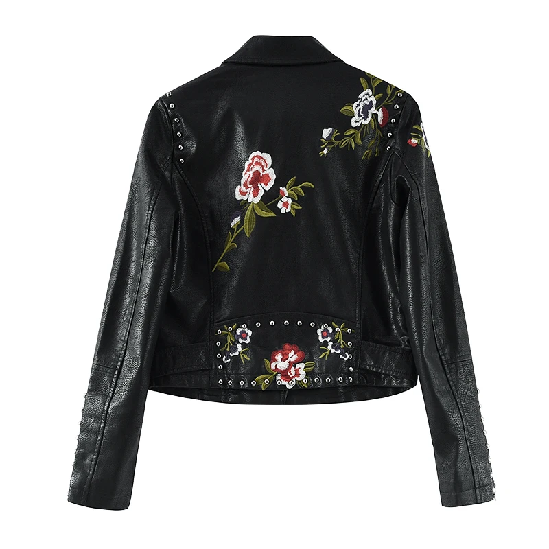 Autumn Newwomen Vintage Flower Embroidery Slim Short Faux Leather Coat Streetwear Fashion Lapel Long Sleeve Female Biker Jacket