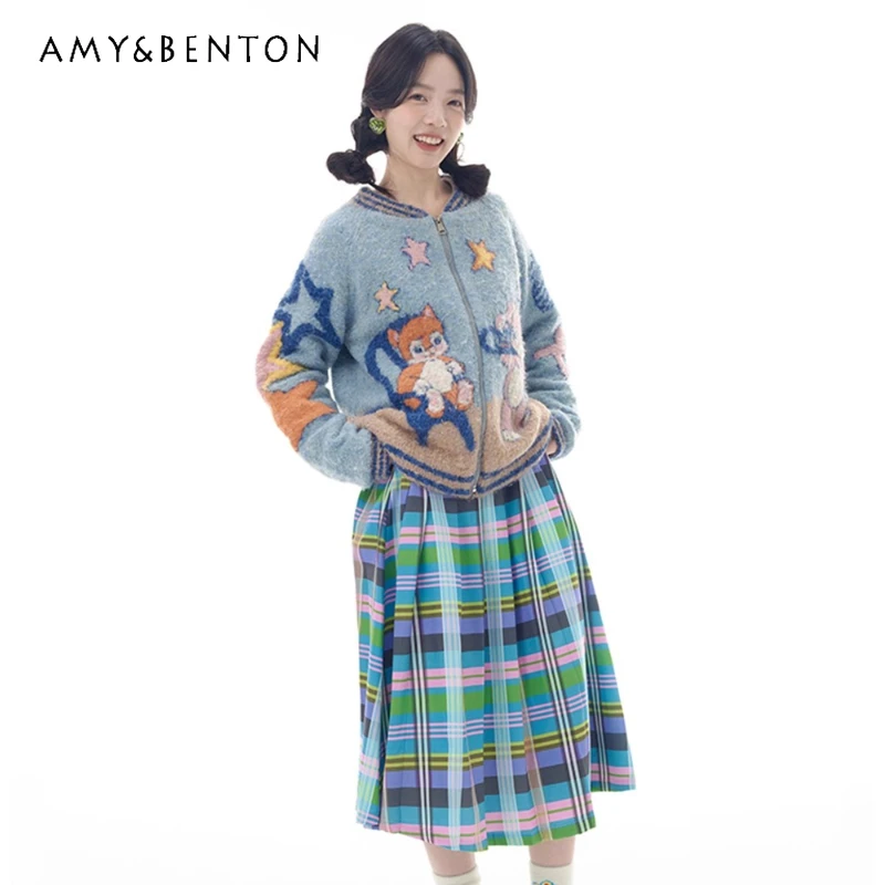 

Retro Design Cute Baseball Collar Knitted Women's Jacket Autumn New Thick Needle Plush Zipper Loose Cardigan Sweater Coat Ladies