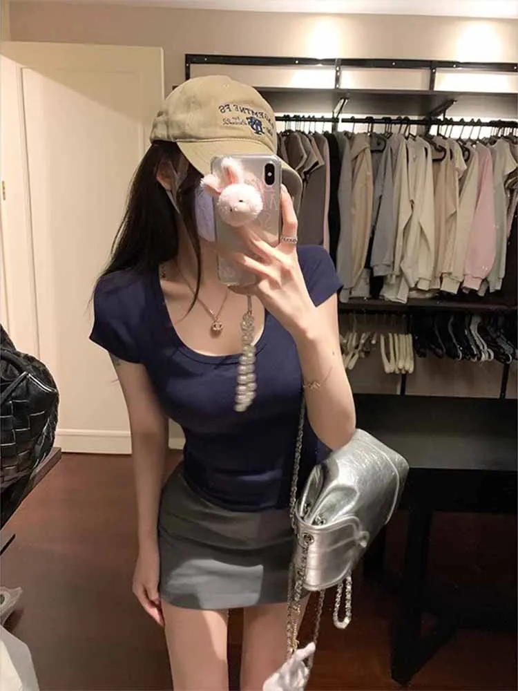 Cor básica u-ne elástico ort sve camiseta feminina verão picante apertado ajuste ort sle base de emagrecimento irt topo