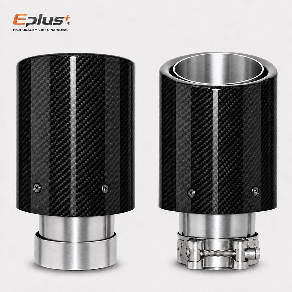 Universal Glossy Carbon Fiber Car Exhaust Muffler Tip Clamp‑On Rolled-Edge Exhaust Pipe Mufflers Nozzle Straight Stainless Silve