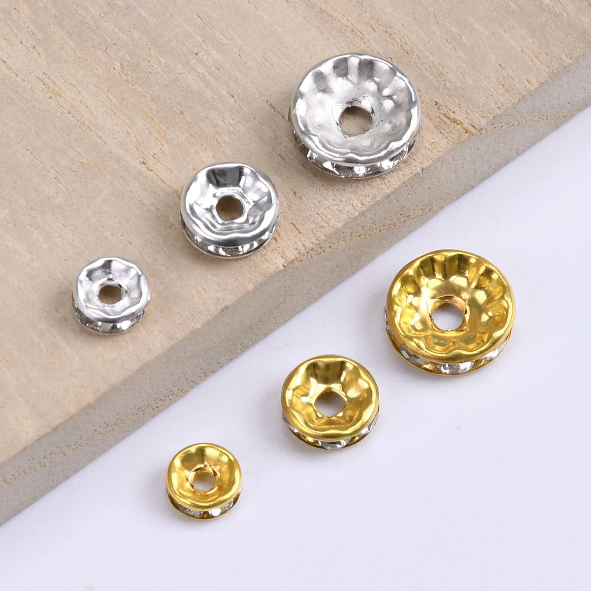 50 Stück Strass-Rondelle 6mm 8mm 10mm Gold/Silber Farben Kupfer Metall Lose Abstandhalter-Perlen für Schmuckherstellung DIY-Zubehör – Detail 2