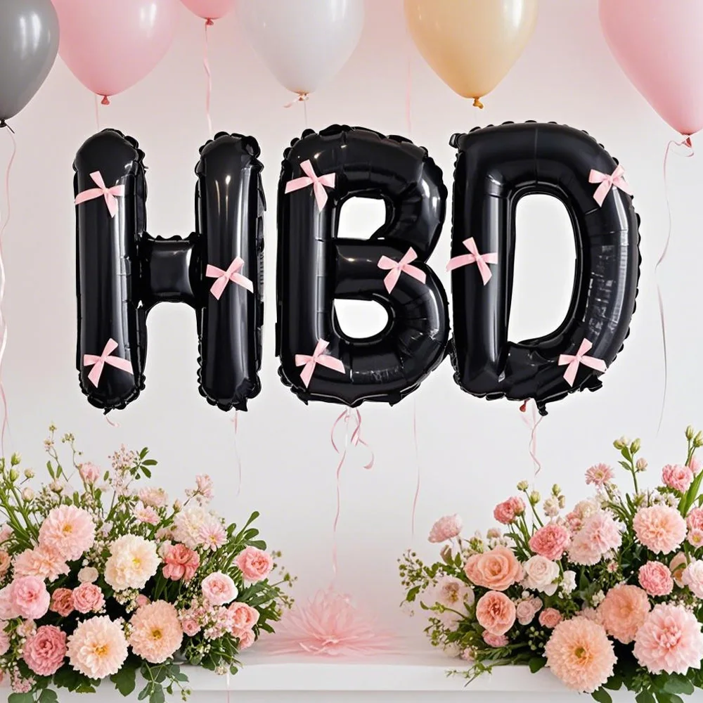 1 Set schwarze 'HBD'-Buchstaben-Folienballons mit rosa Schleife für Geburtstagsfeiern, Partydekoration und Foto-Requisiten – Detail 3