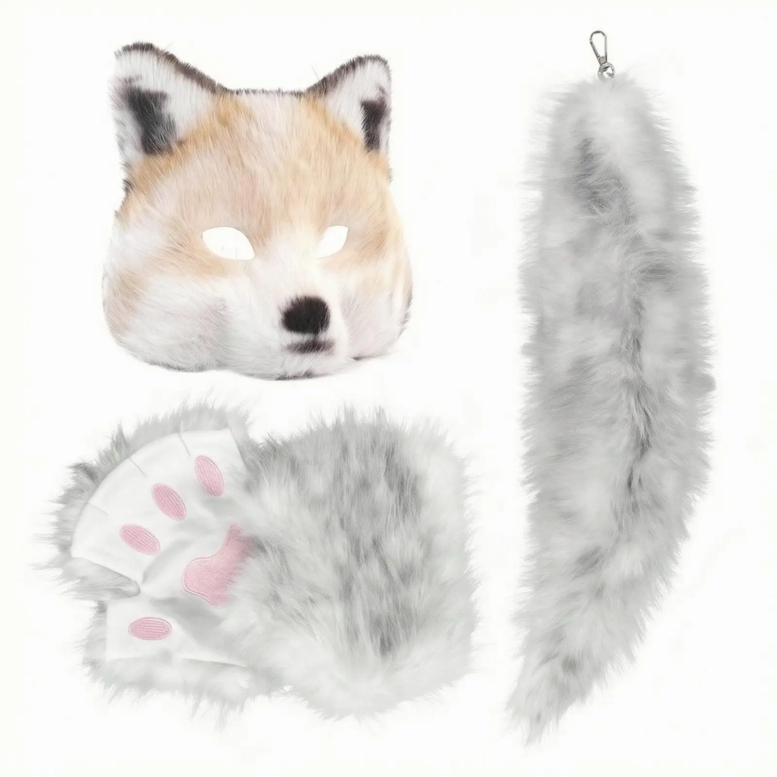 Furry Fox Tail Costume Accessory with Animal Face Mask and Paw Gloves for Stage Show Themed Event and Casual Wear