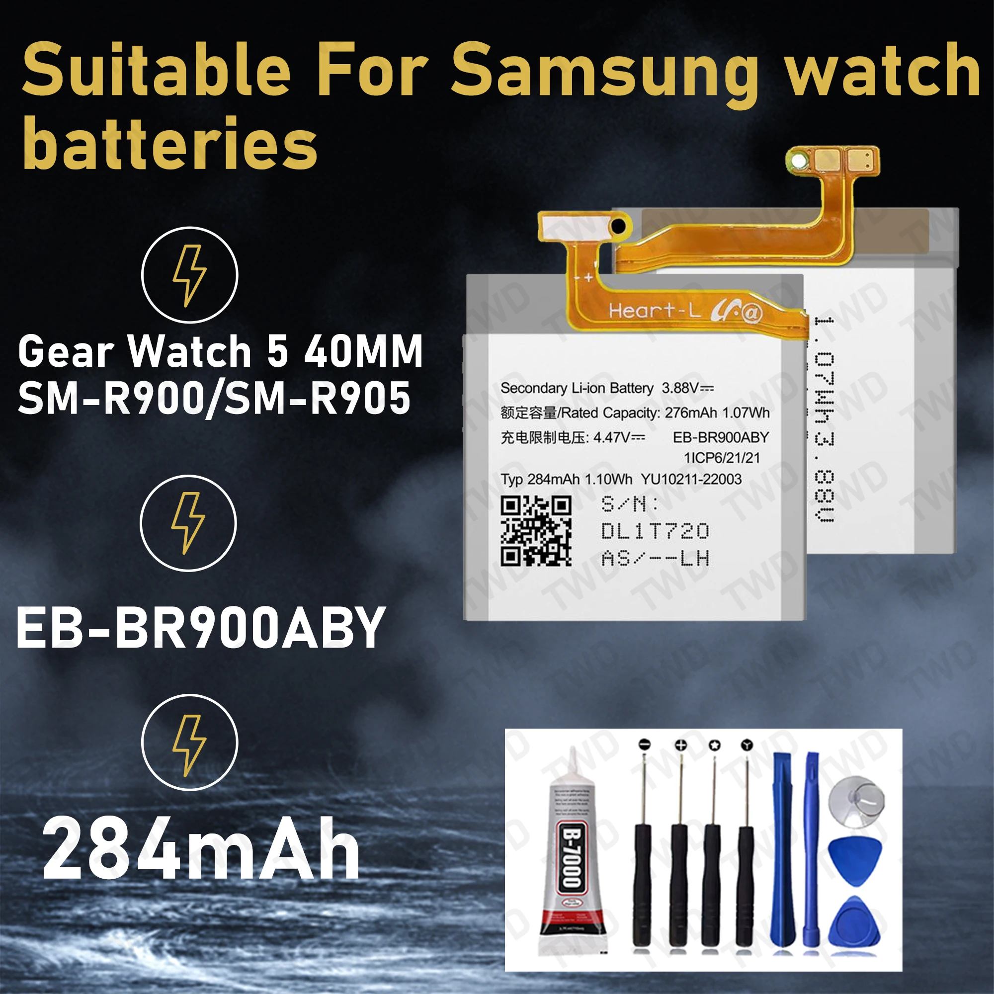 Batterie de grande capacité EB-BR900ABY pour montre Samsung Gear Watch 5 40MM/SM-R900/SM-R905, nouvelle haute qualité + outils gratuits