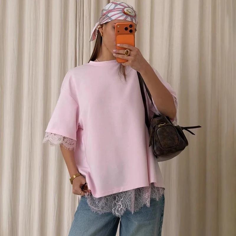 

Tornova 2026 Summer New Lace T shirt Casual Short Sleeve Backless Pullovers Top Loose Fashion Solid Female 2026 Vacation T shirt