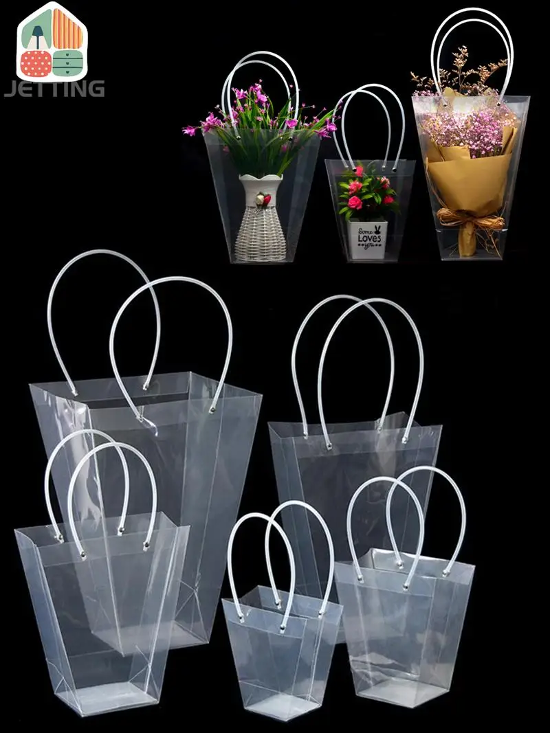 Clear PVC Gift Bag Plastic Tote Bag With Handles Transparent Gift Wrap Bag for Wedding Flowers Birthday Valentines Day Party Bag