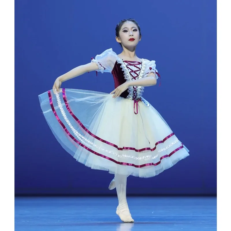 Giselle balletjurk professionele prestatie-outfit voor kinderen, rode lange chiffonjurk, pluizige rok, balletvoorstelling-outfit