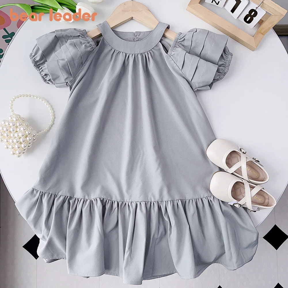 Bear Leader Summer Dress New Girls Korean Edition Bubble Sleeve Hollow Solid Cotton Ruffle Dress Children's Casual Fashion Dress