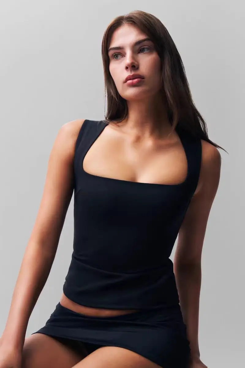 Guizio Camiseta sin mangas con tirantes anchos y cuello cuadrado francés negro, tela de doble capa Kim adelgazante y moldeadora