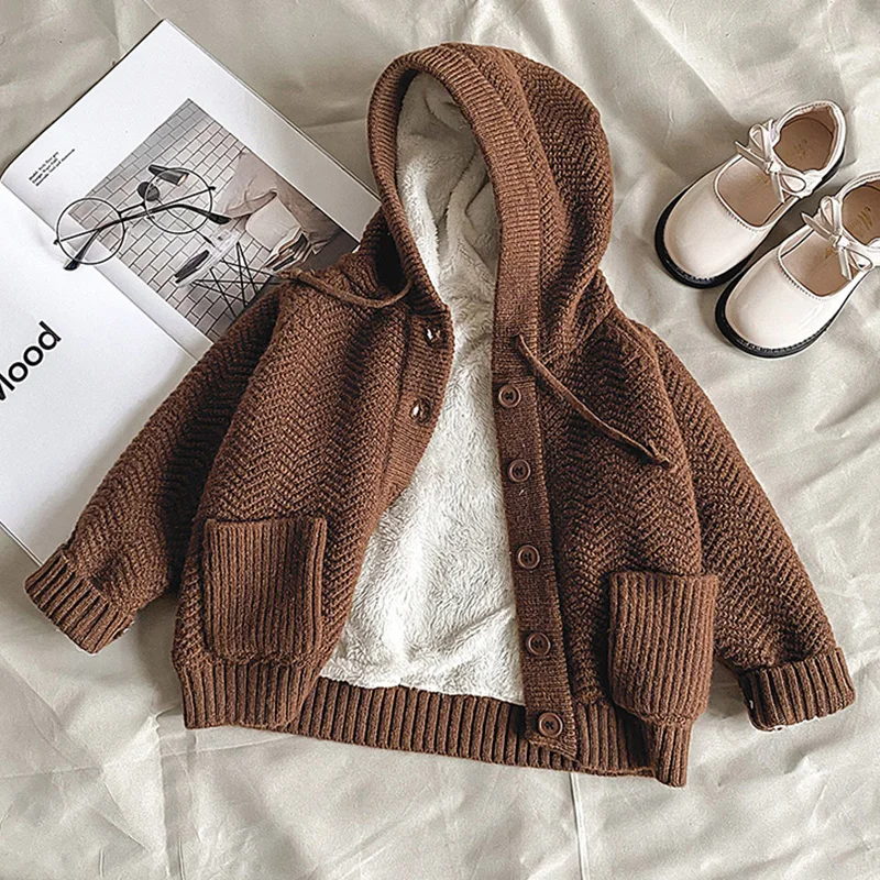 Autumn Winter Baby Girls Boys Hooded Cardigan Kids Plush Thicken Warm Knitted Cardigan Children Clothing Casual Sweater Coat