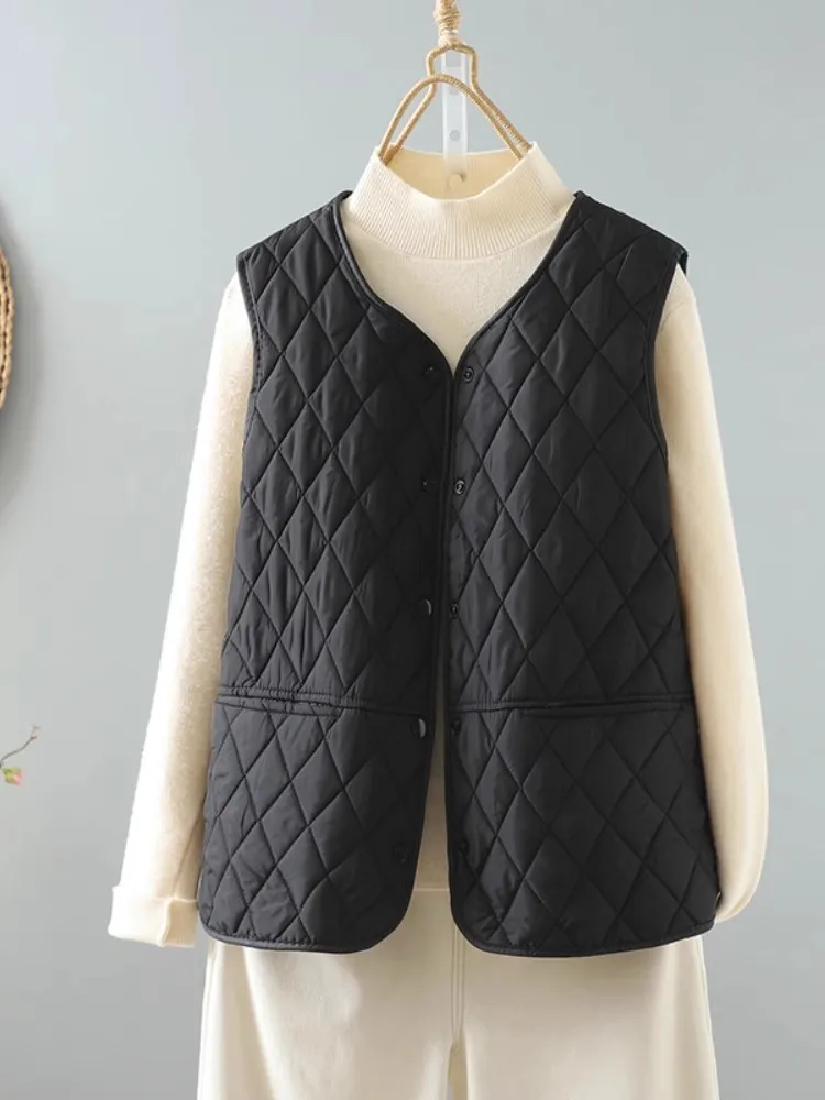 Vintage Literary Plaid Women Cotton Vests 2024 New Winter Casual Loose Office Lady Sleeveless Jackets Quilted Lining Waistcoat