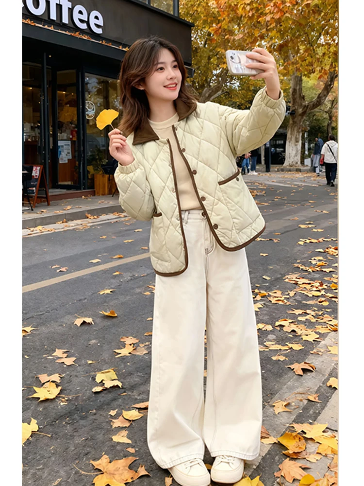 

Однотонная хлопковая куртка с воротником-стойкой и декором в виде страз, женская зимняя свободная повседневная верхняя одежда в модном корейском стиле для работы и отдыха