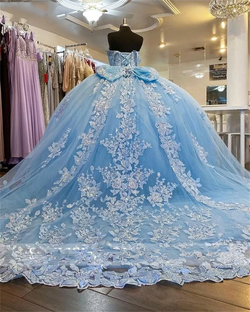 Real Image Sky Blue Ball Gown Quinceanera Dress Beaded Birthday Prom Dresses Appliques Graduation Gown Vestido De 15 Hot Sales