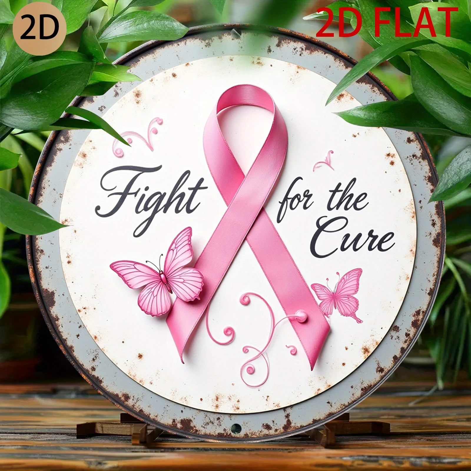 2D Flat - Wall Art Featuring a Circular Rust Effect Metal Sign with a Pink Ribbon for Breast Cancer Awareness, Perfect for Home