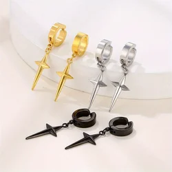 1pair Unisex Punk Fashion Stainless Steel Cross Star Pendant Dangle Ear Clip & Stud Hoop Earrings for Men Women Daily Jewelry