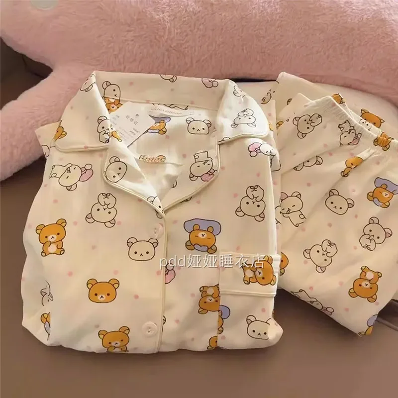 Pijama Kawaii Rilakkumas para mujer, pantalones de manga larga para primavera y otoño, seda auténtica Y2K, conjunto de ropa de casa con dibujos animados para chica, regalos de cumpleaños