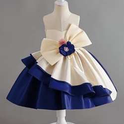 New Satin Flower Girls' Bow Tie Applique Colored Fashion Birthday Party School Performance Evening Dress for 1-7 Years