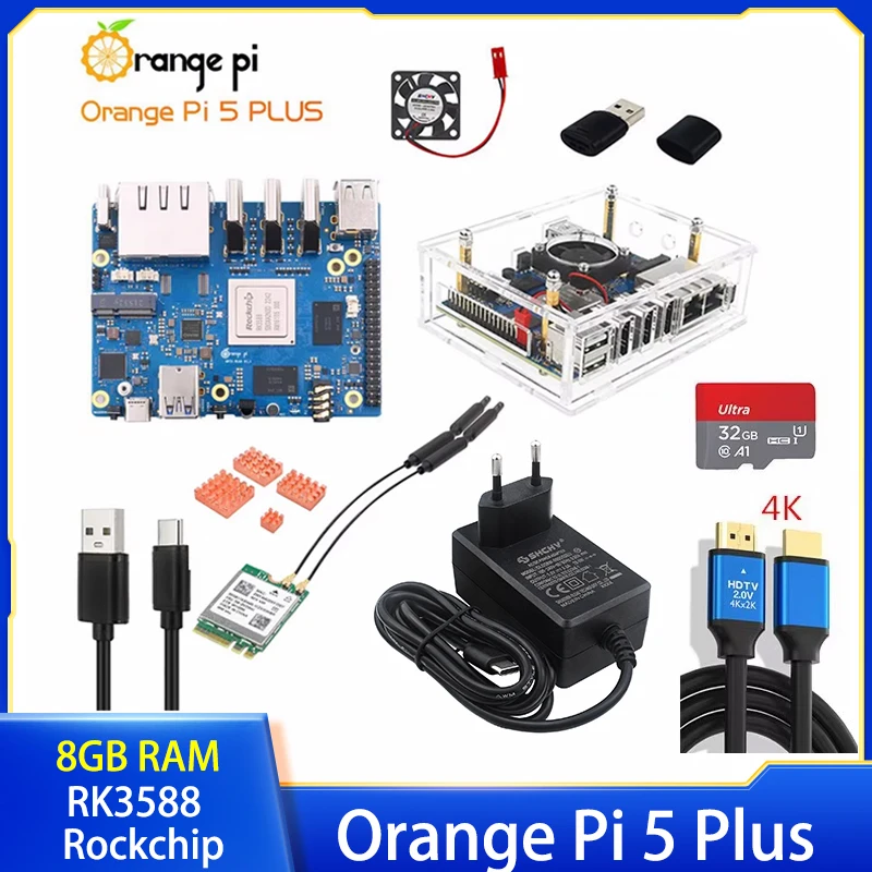 

Orange Pi 5 Plus 8 ГБ ОЗУ RK3588 8-ядерный 64-битный 2,5G Dual Ethernet Дополнительный акриловый корпус Медные радиаторы для Orange Pi 5 Plus