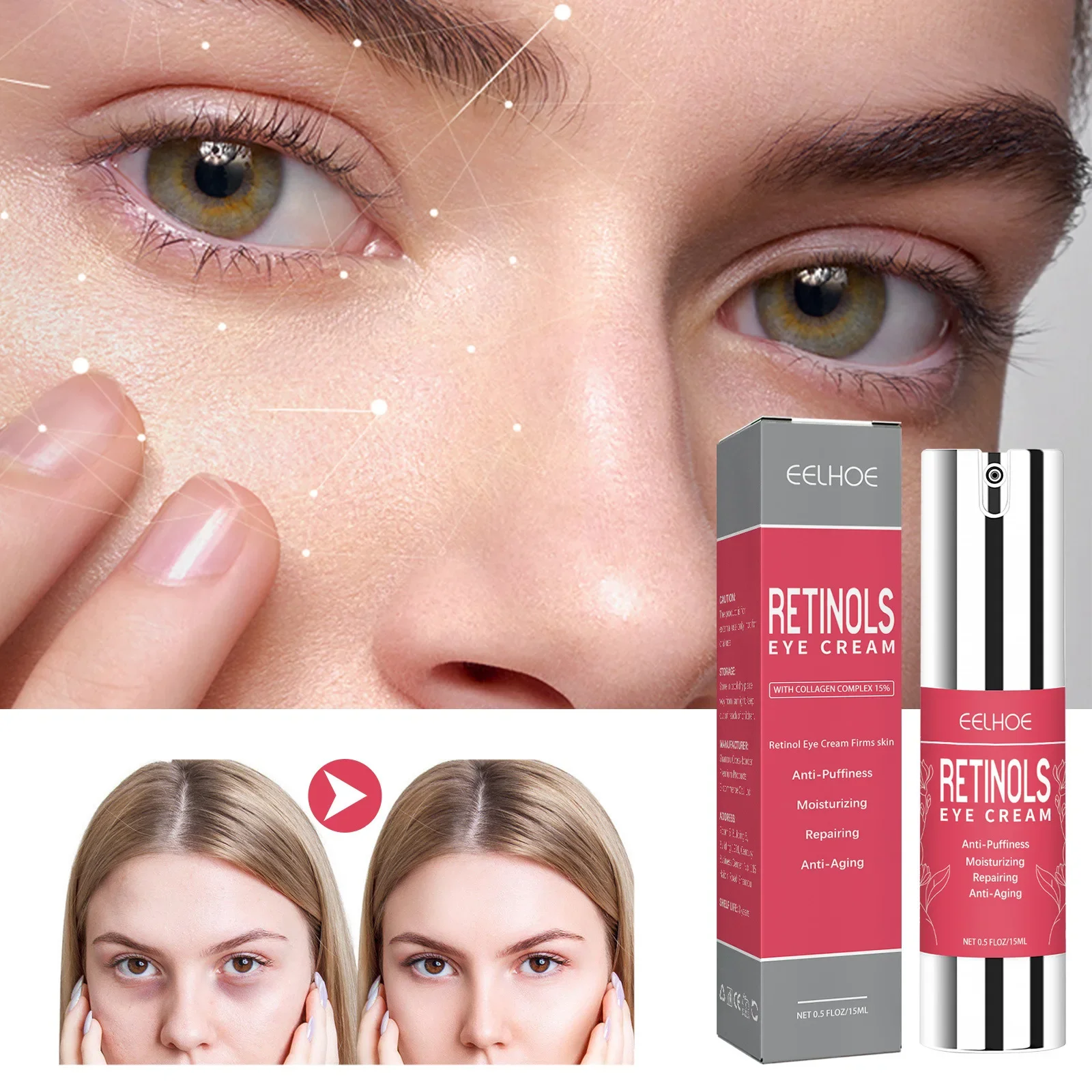 Eelhoe Retinol Anti-Rimpel Lichte Lijnen Oogcrème Vervagen En Strakker Oog Fijne Lijntjes Fishtail Lijnen Oogzakken Donkere Kringen Cosmetica