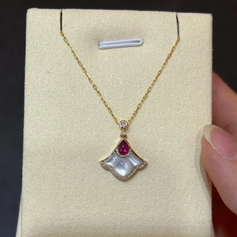 Creative Light Luxury White Fritillaria Maple Leaf Ruby Necklace earrings Pendant  High quality Fashion Retro  jewelry sets
