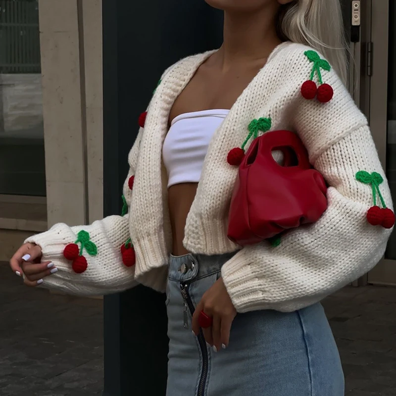 Fashion 3d Cherry Knitted Cardigan For Women Casual Loose Long Sleeve Sweater Coat 2024 New Autumn Female Commuting Streetwear