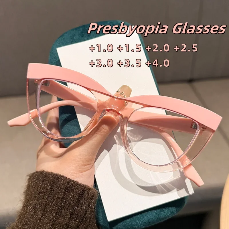

Fashion Color Blocked Cat Eye Presbyopia Glasses Personalized Large Frame Metal Teeth Anti Blue Light Glasses Diopter To +4.0