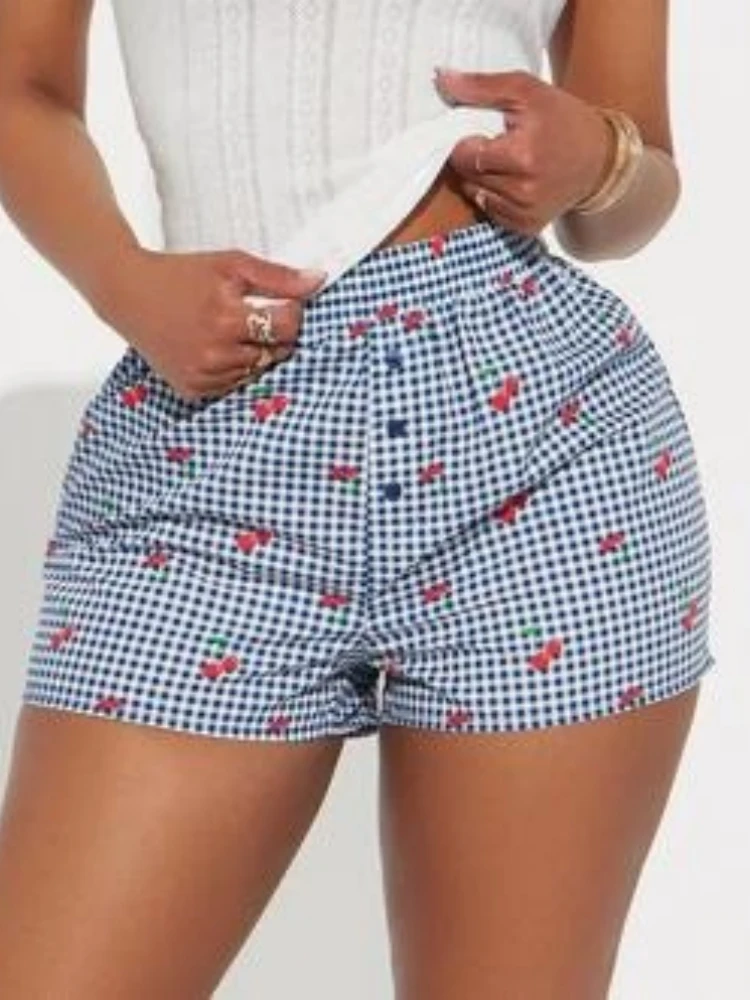 الكرز منقوشة الغنيمة السراويل للنساء الملابس أزرار مثير فتاة الشاطئ الزي عالية الخصر سراويل قصيرة Pantalones Cortos De Mujer #4