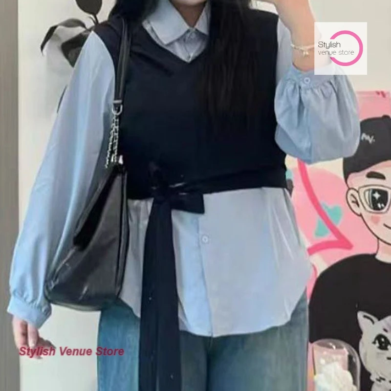 Korean style fashion fake two-piece vest long-sleeved shirt female autumn new temperament tie bow waist Joker casual shirt