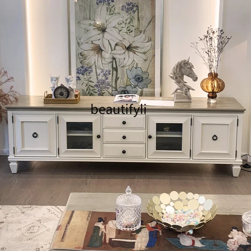 American TV cabinet pure solid wood cream white high audio-visual cabinet Mediterranean floor cabinet living room