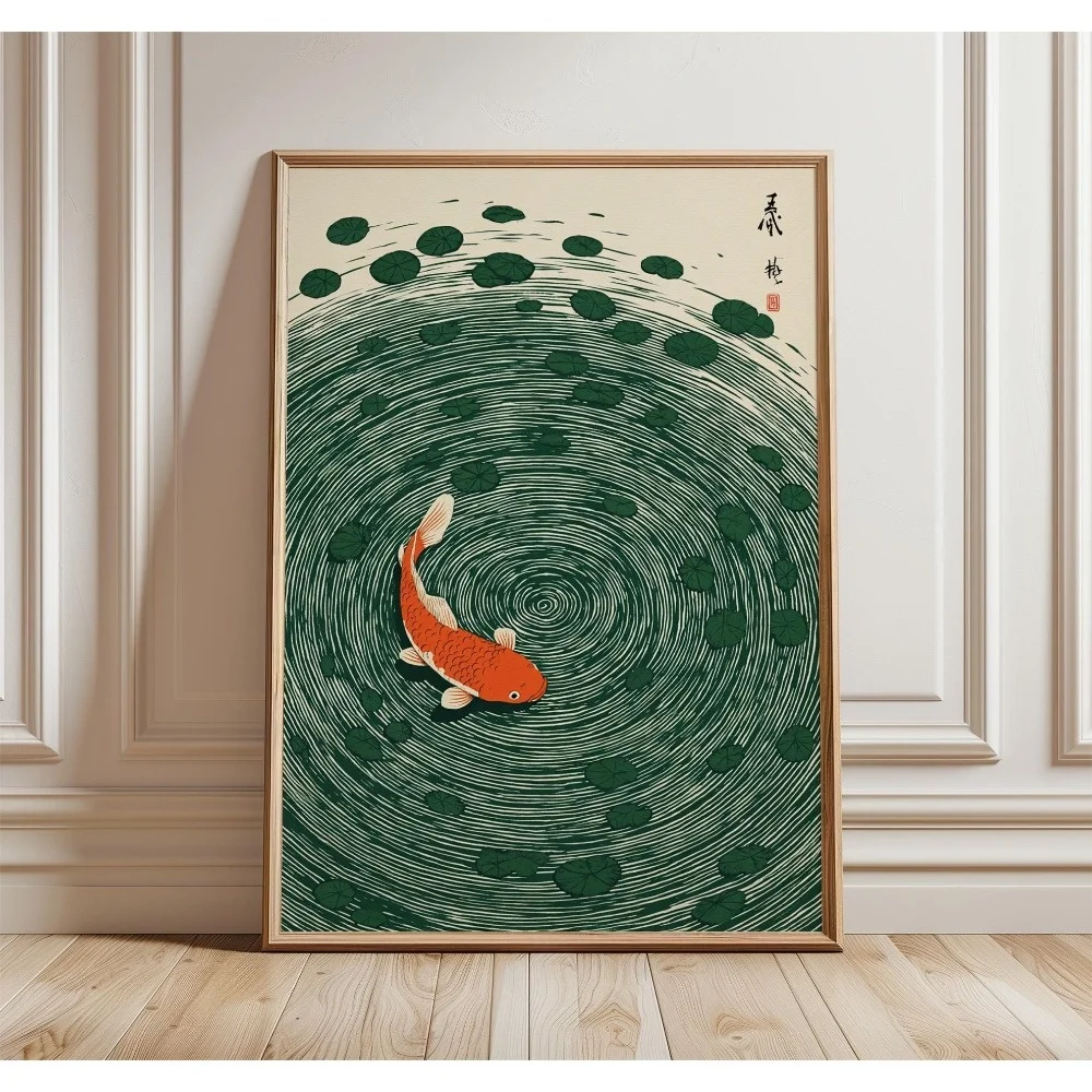 Retro japanische Koi- und Baum-Leinwand-Wandkunst, ungerahmt, abstrakte japanische Heimdekoration, Wohnzimmer, Schlafzimmer, Wandkunst-Dekoration – Detail 5