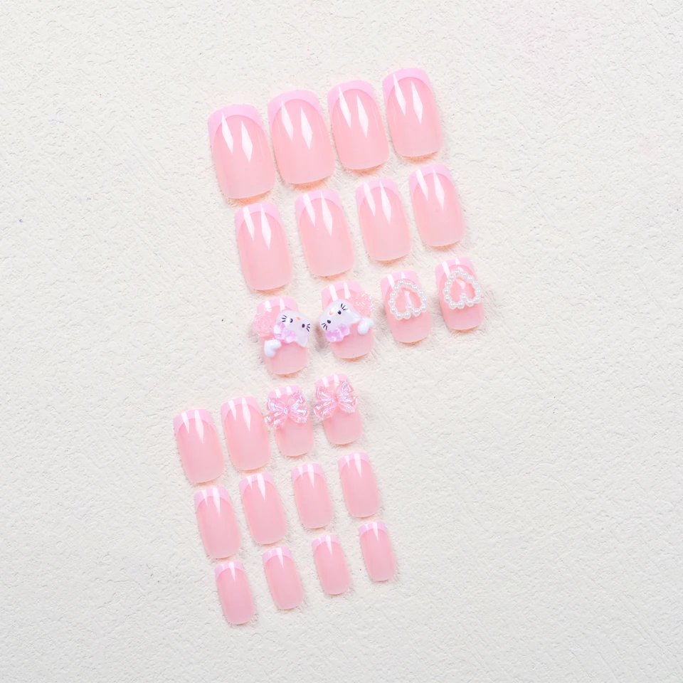 24 uñas postizas medianas cuadradas, rosa francés, lindo gato caricatura, blanco, amor, camelia, gelatina, moño 4