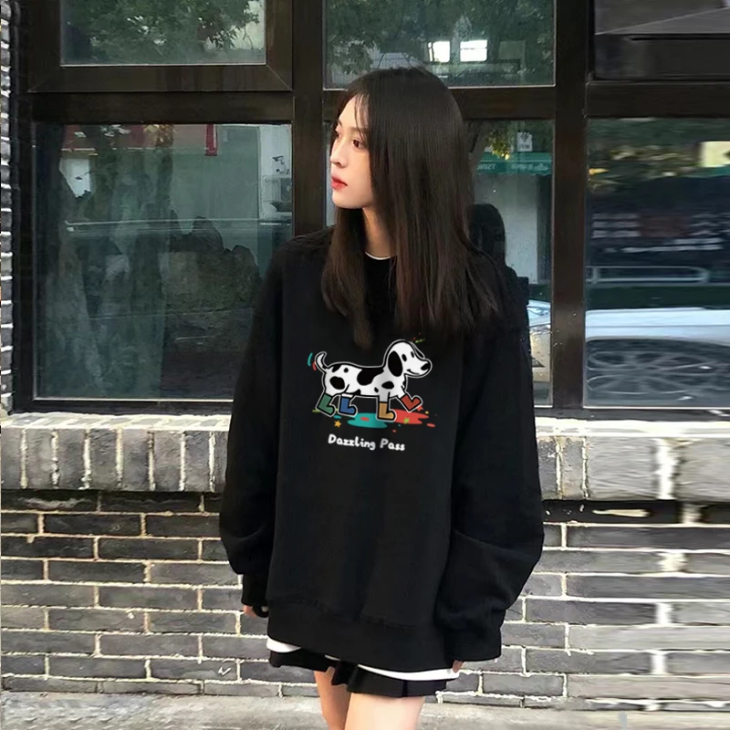 2024 Spring and Autumn New Round Neck Loose hoodies Treading Water Dog Sweatshirts Cute Animation Printed Top